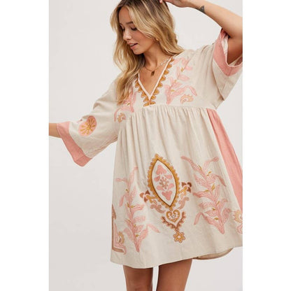 Pink Boho Embroidered Babydoll Dress