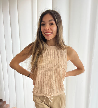 Bali Beige Open Crochet Tie Tank