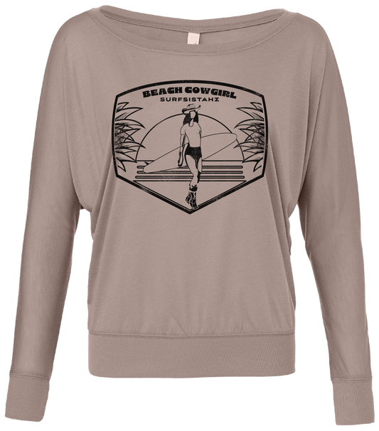 Beach Cowgirl Flowy Long-Sleeve Off Shoulder Pebble Brown T-Shirt