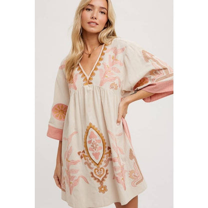 Pink Boho Embroidered Babydoll Dress